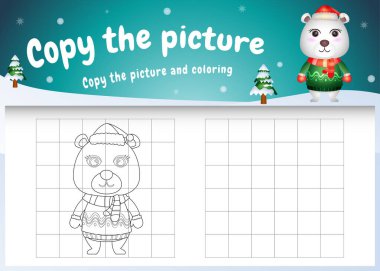 Noel kostümü giyen sevimli bir kutup ayısıyla resim çocuk oyunu ve boyama sayfasını kopyala