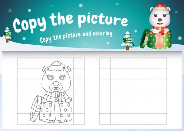 Noel kostümü giyen sevimli bir kutup ayısıyla resim çocuk oyunu ve boyama sayfasını kopyala