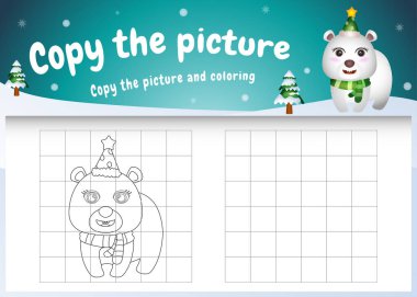 Noel kostümü giyen sevimli bir kutup ayısıyla resim çocuk oyunu ve boyama sayfasını kopyala