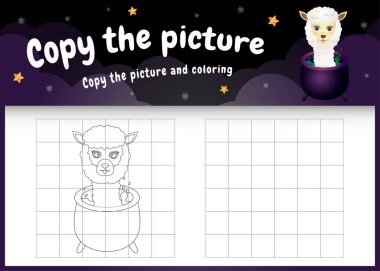 Cadılar Bayramı kostümünü kullanarak resim çocuk oyununu ve boyama sayfasını şirin bir alpaka ile kopyala