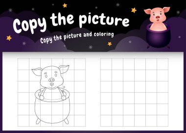 Cadılar Bayramı kostümü giymiş şirin bir domuzla resim oyunu ve boyama sayfasını kopyala