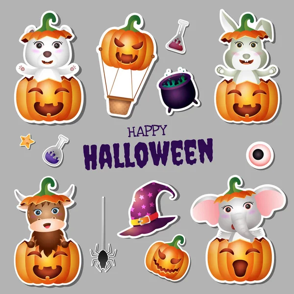Stickers Halloween Collectie Met Schattige Ijsbeer Konijn Buffel Olifant — Stockvector