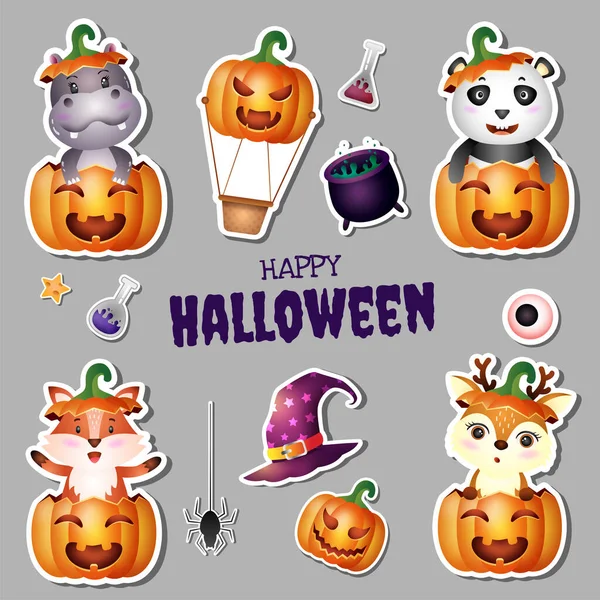 Stickers Halloween Collectie Met Leuke Nijlpaard Panda Vos Hert — Stockvector