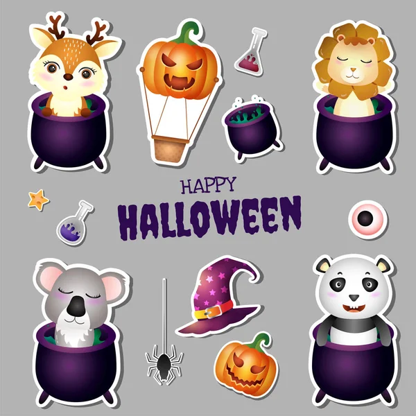 Adesivi Collezione Halloween Con Simpatici Cervi Leoni Koala Panda — Vettoriale Stock