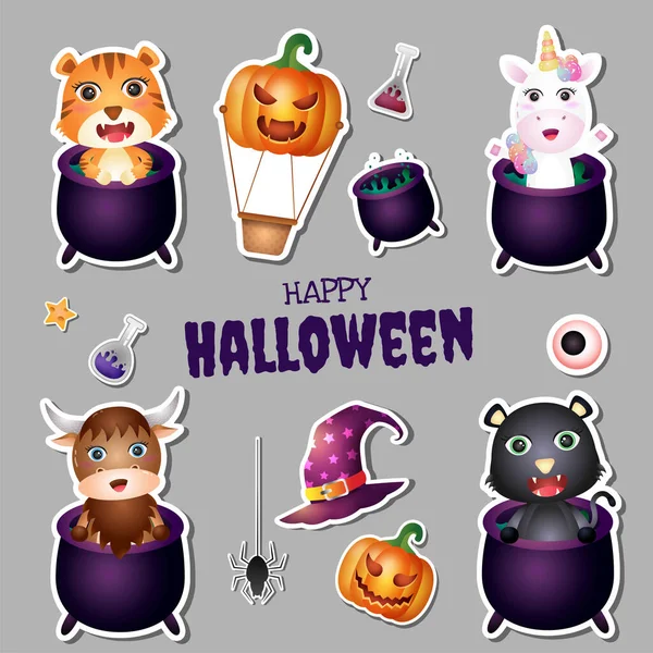 Pegatinas Colección Halloween Con Tigre Lindo Unicornio Búfalo Gato Negro — Archivo Imágenes Vectoriales