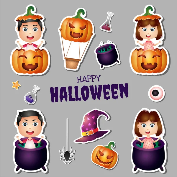 Stickers Halloween Collectie Met Schattige Kinderen — Stockvector