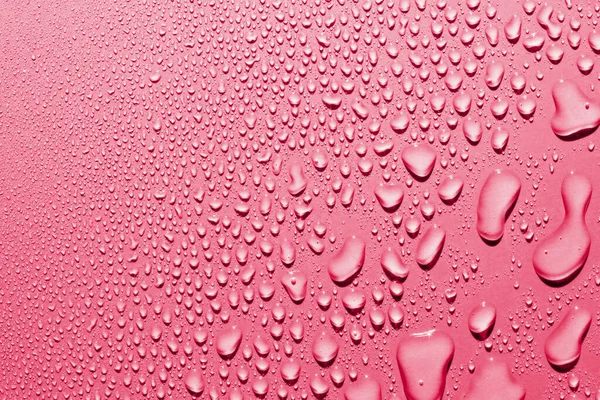 Close up of water drops on smooth surface, red background