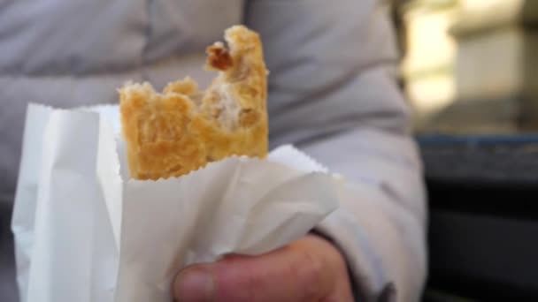 Het eten van gebakken voedsel roll fast food — Stockvideo