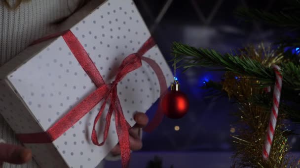 Mujer sosteniendo regalo por árbol de Navidad — Vídeo de stock