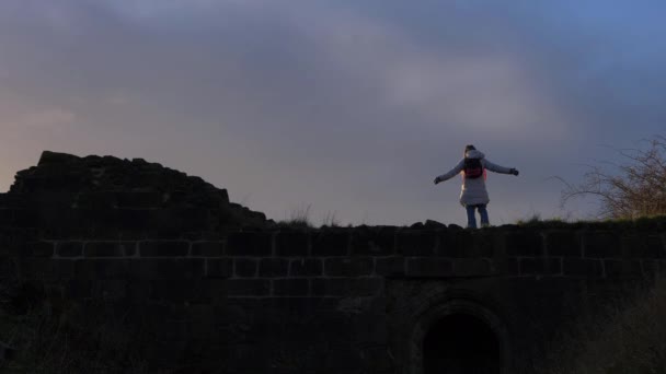 Žena turistka těší pohled z drsné skalnaté krajiny — Stock video