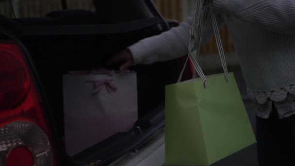 Vrouw die tassen met boodschappen in de kofferbak stopt — Stockvideo