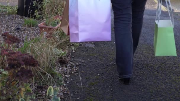 Vrouw met boodschappentassen loopt door stedelijke straat — Stockvideo