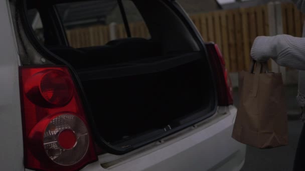 女性は車の中で食べ物を取る袋を入れて — ストック動画