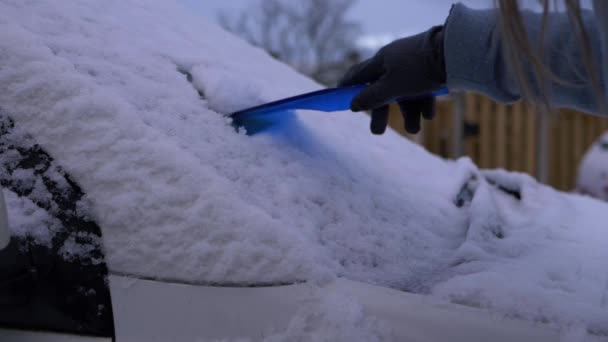 Kış sabahı arabanın ön camından kar kazıyan bir kadın. — Stok video