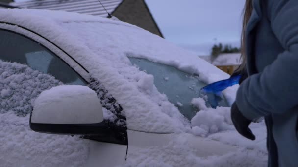 Женщина отскребает снег от ветрового стекла машины зимой утром — стоковое видео