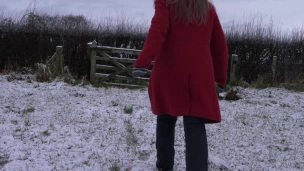 Žena v červeném kabátě kráčí ve sněhu k venkovské bráně — Stock video
