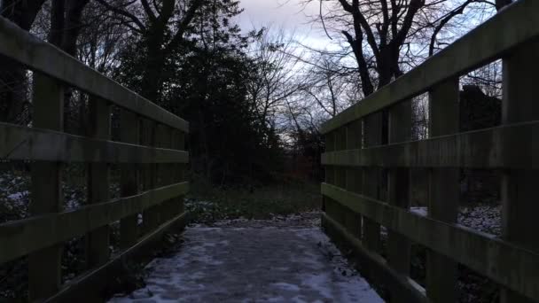Rickety ponte de madeira coberta de neve e gelo no inverno — Vídeo de Stock