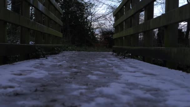 Rickety ponte de madeira coberta de neve e gelo no inverno — Vídeo de Stock