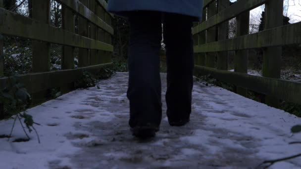 Vrouw loopt over gammele oude houten brug bedekt met sneeuw — Stockvideo