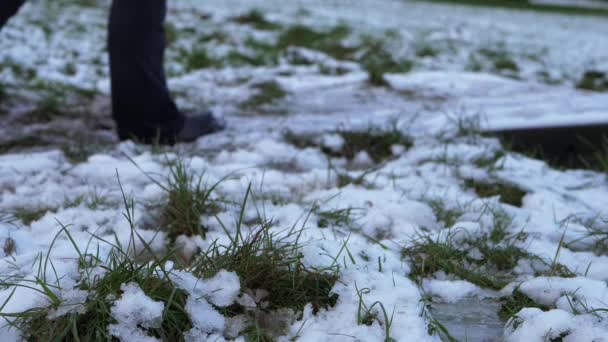 Sne og is i park med kvinde gå i baggrunden – Stock-video