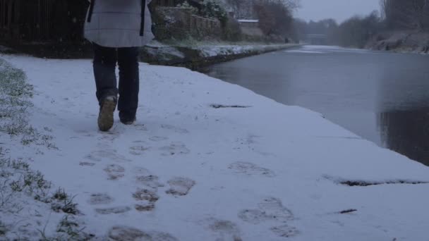 Vandrare längs kanalvägen vinterdag efter snöfall — Stockvideo