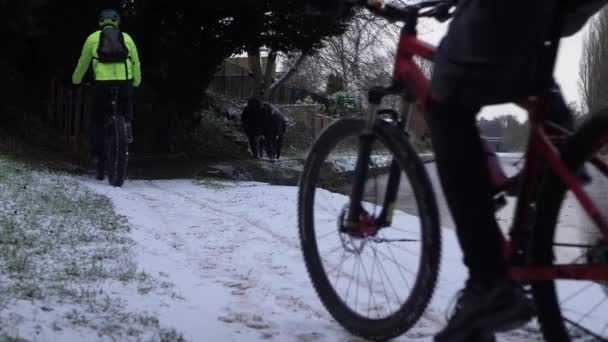 Grupo de ciclistas en camino de sirga del canal después de las nevadas de invierno — Vídeo de stock