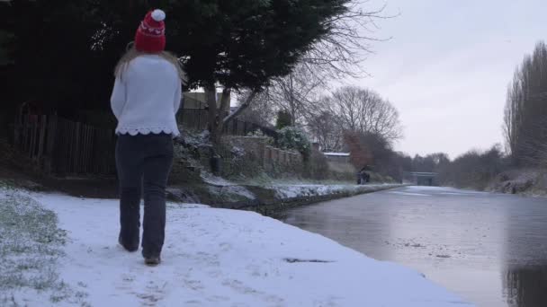 Vrouw wandelt langs kanaal pad op de winterdag na de sneeuwval — Stockvideo