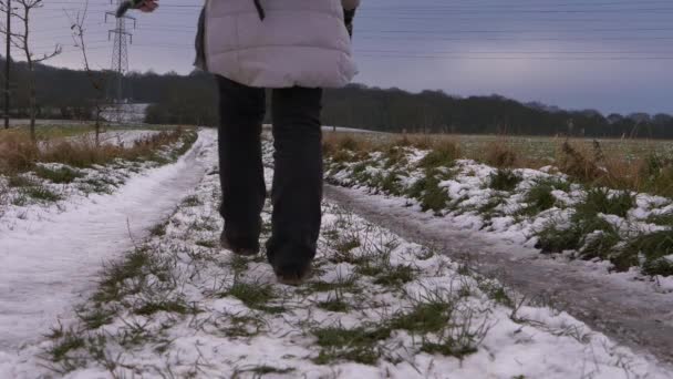 Escursionista femminile che cammina su un sentiero accidentato dopo le nevicate — Video Stock