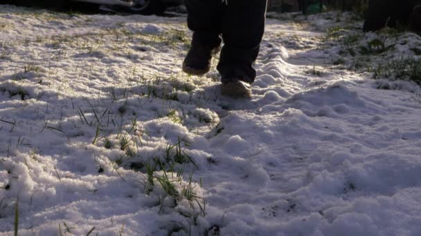 Stövlar går mot kameran i nyvit snö — Stockvideo