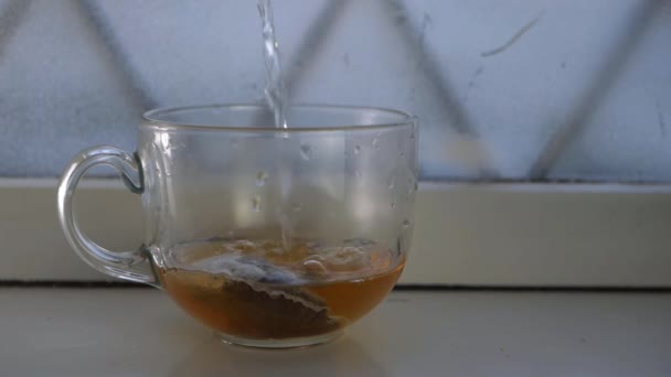 Nalévání horké vody do hrnku s čajovým sáčkem — Stock video