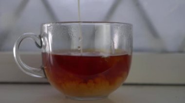 Taze demlenmiş çay bardağına süt dökerek