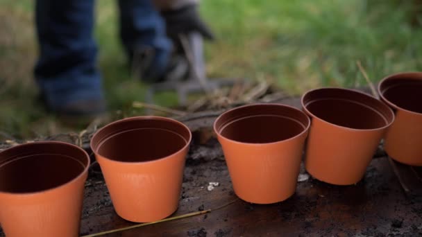 Fila de vasos de plantas com jardineiro cavando solo no fundo — Vídeo de Stock