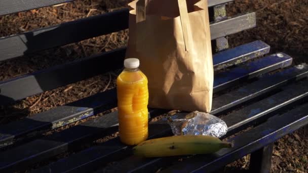 Comida de piquenique e bebida em um banco de parque — Vídeo de Stock