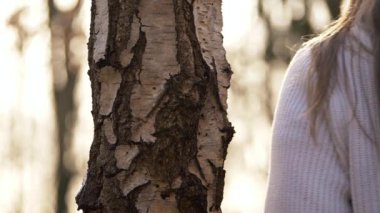 Bir kadın ormanda bir ağaca yaslanır.