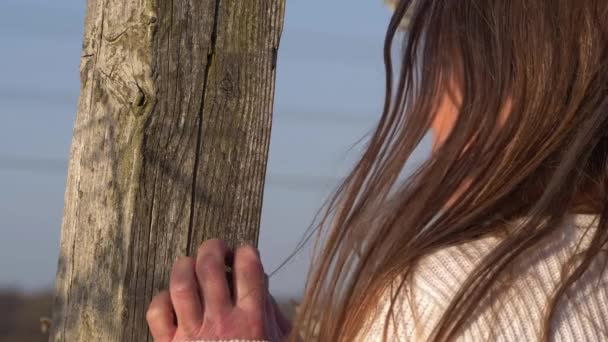 Женщина смотрит на вид опираясь на старый деревянный столб ворот — стоковое видео