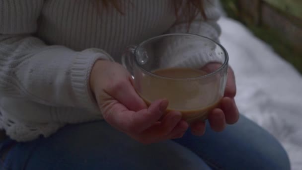 Koffie drinken op besneeuwde winterdag — Stockvideo