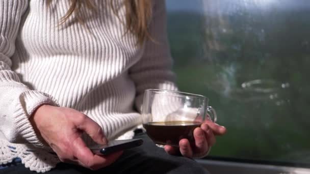 Vrouw met koffie en mobiele telefoon zittend in een raam — Stockvideo