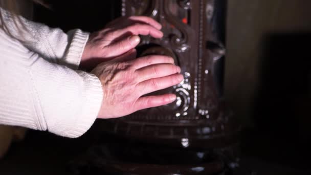 用壁炉里的柴火取暖的手 — 图库视频影像