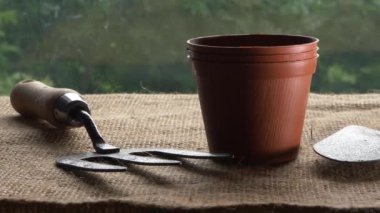 Pencerede bahçe aletleri ve saksı var.