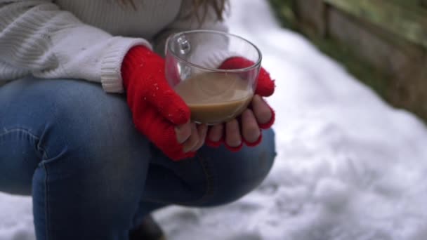 Dricka kaffe på vinterdagen när snön faller — Stockvideo
