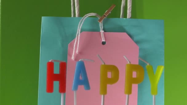 Happy gift bag and tag surprise — Vídeo de Stock