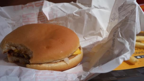 Burger en friet maaltijd in Macdonalds restaurant — Stockvideo