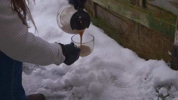 Pouring freshly brewed coffee on winter day — Vídeos de Stock