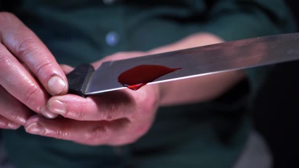 Убийца держит нож, капающий в крови — стоковое видео