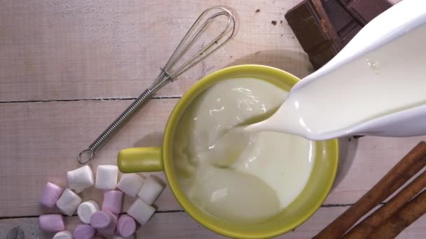 Beredning av en varm chokladdryck med färsk mjölk — Stockvideo