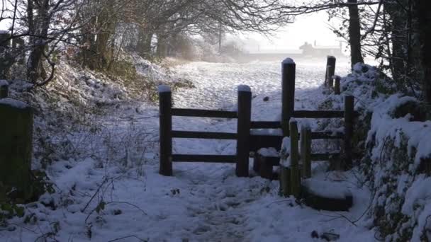 Stile in farmland countryside in winter after snowfall — Stock Video