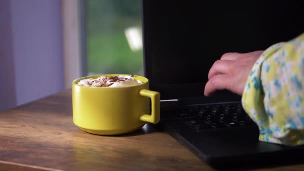 与卡布奇诺咖啡一起在笔记本电脑上工作的手 — 图库视频影像