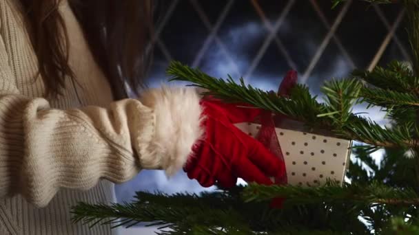 女はクリスマスプレゼントを木に入れる — ストック動画