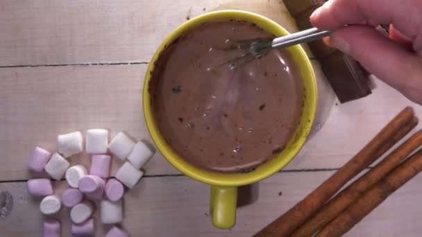 Bebida caliente de chocolate con batidor de manos — Vídeos de Stock
