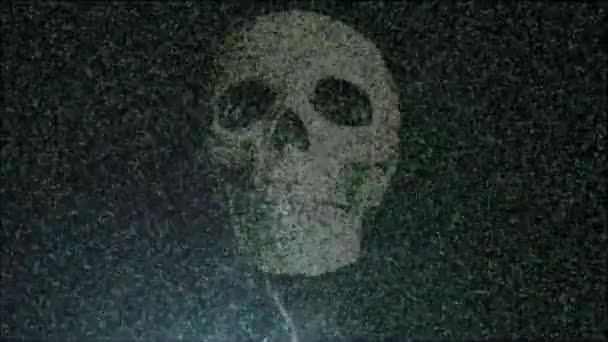 Creepy chattering skull stop motion animation with static overlay — Stock Video